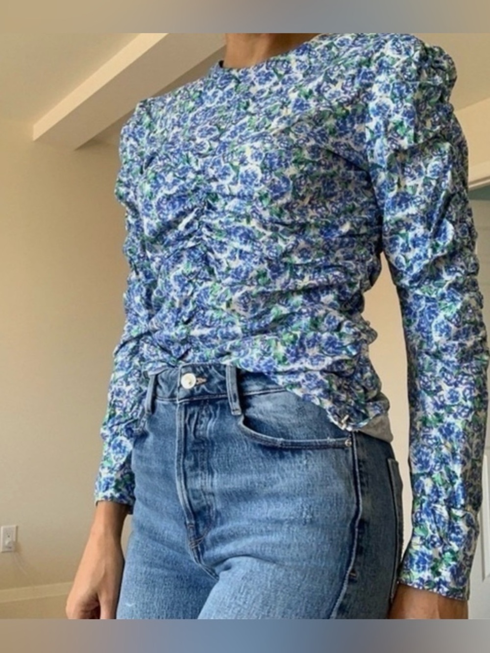 Zara NWT Cotton Ruched Gathered Blue Floral‎ Print Long Sleeve Women's Top Small